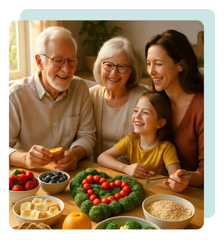 Multi-generational family gathered around a table, smiling and sharing a healthy meal. An older couple, a younger woman, and a child sit together with bowls of fruits and vegetables, including broccoli arranged in a heart shape, creating a warm and joyful family moment.